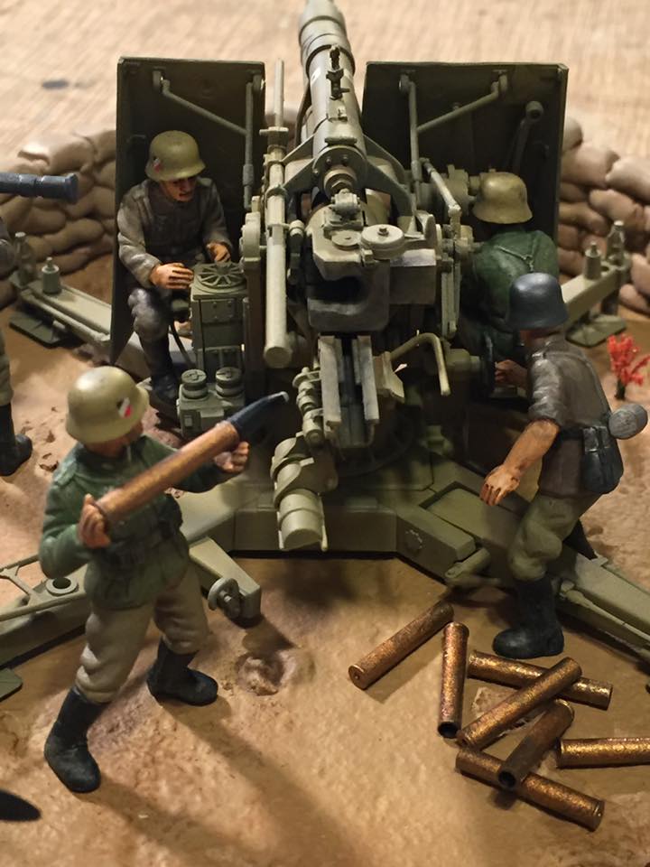88mm Flak36 (Tamiya 1/35)
15th Panzer Division, Halfaya Pass, Libya, June 15, 1941.

I built this model as the Flak36 variant and it represents German defenses during Operation Battleaxe, which was the second British attempt to retake the Halfaya Pass and relieve Tobruk. Concealed 88mm guns like this one decimated the advancing British tanks, earning it the nickname “Hellfire Pass”.
