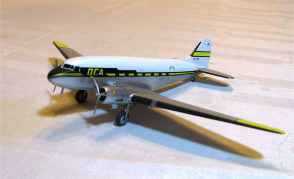 DC-3 (1/144 Minicraft)
This DC-3 is the 1/144 Minicraft kit finished in Whiskey Jack decals for Queen Charlotte Airlines in 1952.
