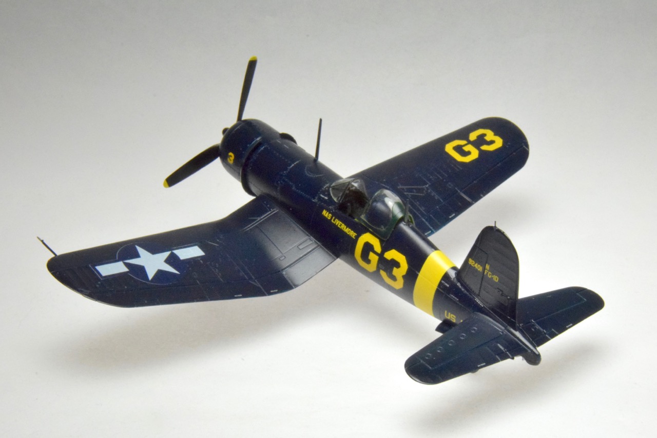This is the 1/72 Tamiya F4U-1D Corsair, done in Naval Reserve markings, NAS Livermore, ca. 1946. Decals are from Marks Decals.
