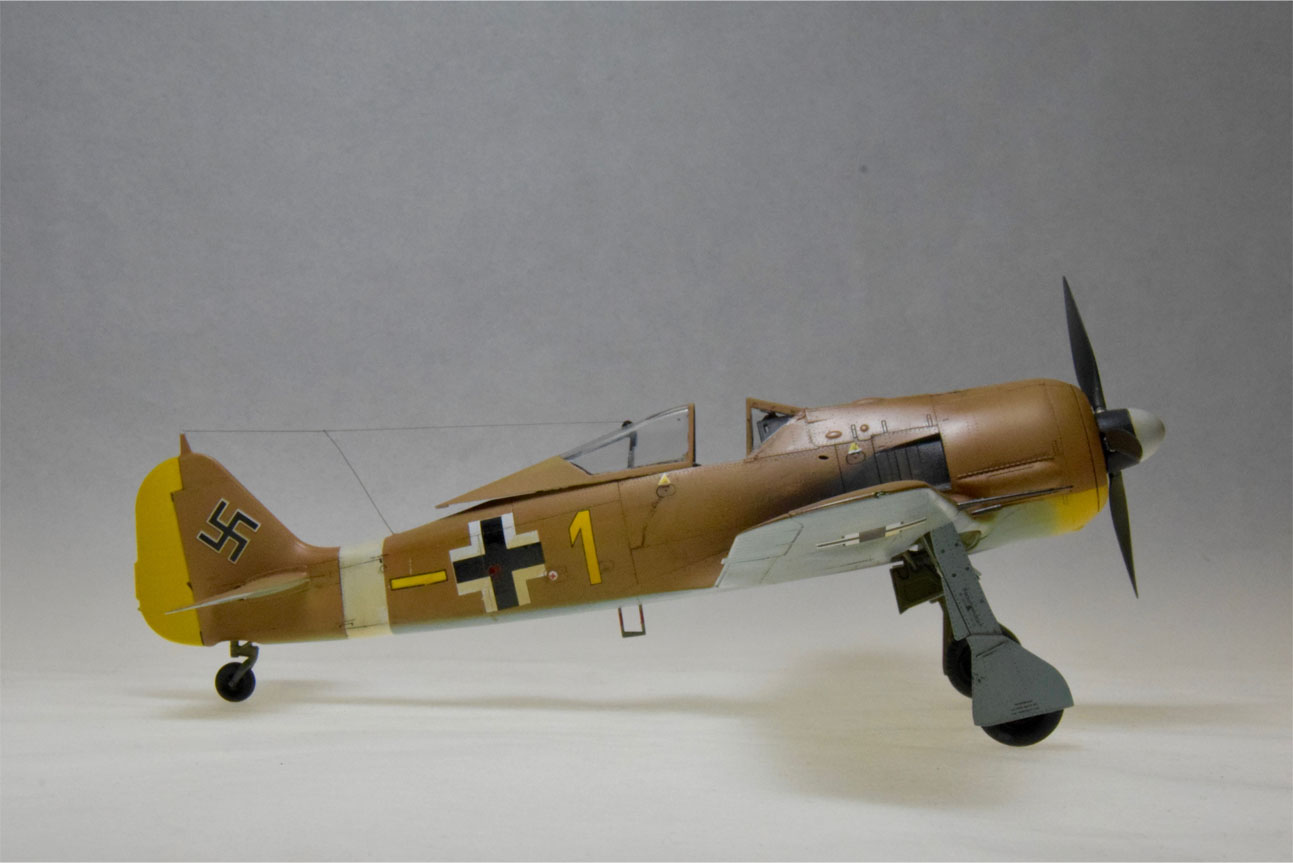 Fw-190A-4 (Eduard 1/48)
My Eduard Fw-190A4 just completed from an Overtree kit (No PE, no instructions, no decals; only plastic parts in a box.) Scrounged up the markings from friends and my scrap collection. Model represents an aircraft repainted to serve in Tunisia during the North African campaign by Lt. Erich Rudorfer of 6./JG2. 
