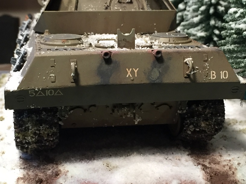 Ersatz M-10 (Tamiya 1/35 Panther G kit with Czech Masters Conversion Set)
This is one of ten Panther G’s that were modified to look like American M-10 tank destroyers as part of Operation “Greif”, which was a German false flag operation designed to take the Meuse river bridges during the Battle of the Bulge in late 1944.

The base model is the 1/35 Tamiya Panther G kit, but it has a metal barrel, a resin M-10 conversion set from Czech Masters, single link plastic tracks from Model Kasten and some PE grills from Eduard. All of this came out of the collection of Patrick Rourke who, sadly, passed earlier this year. I added the second crewman from another Tamiya kit. Also added some Bachmann trees to the scene.
