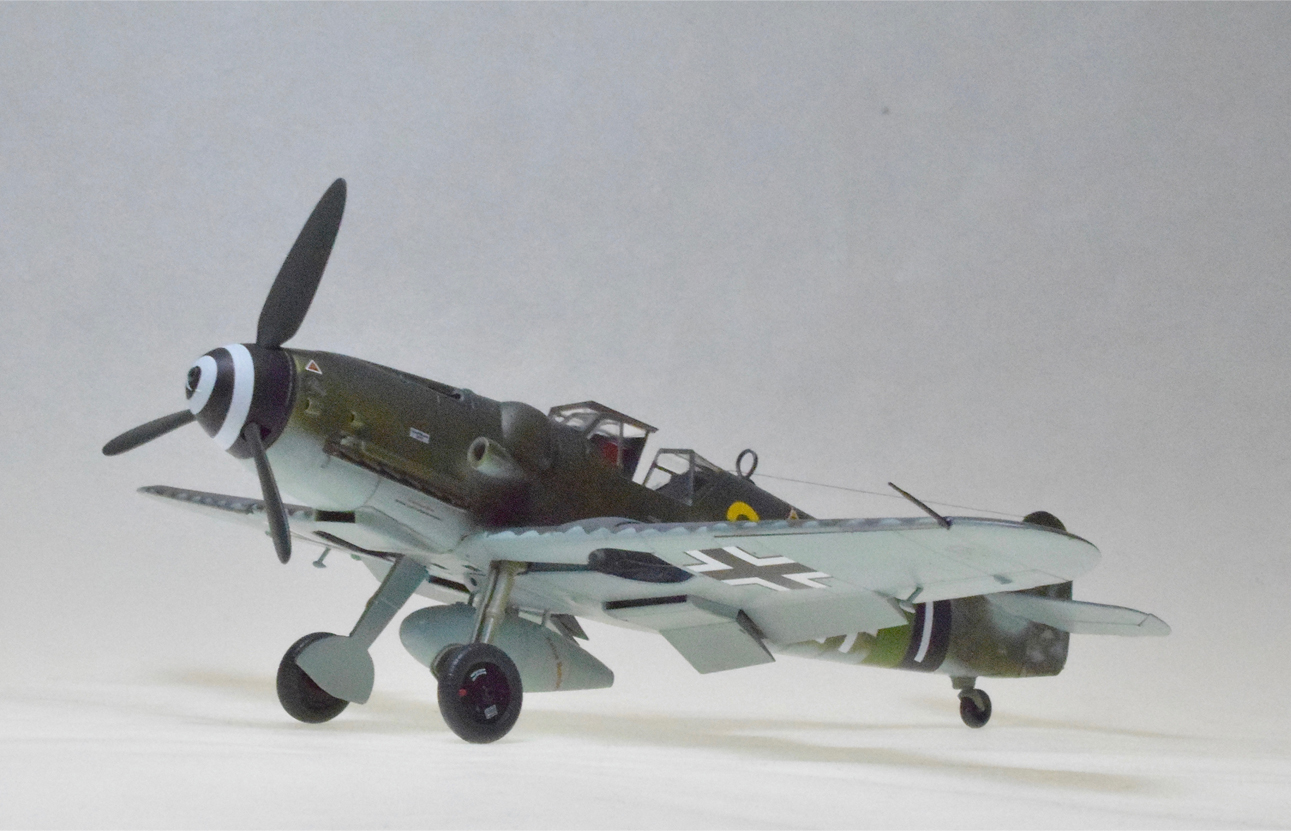 Me 109G-6, Modified (Eduard/Overtree 1/48)
This one took over three years to finally put away. Overtree kits are plastic only; no instruction, no decals, no PE. Just plastic.

This is an Me 109G-6, modified. Near the end of the war, Germany was hard pressed to build new aircraft. In this case a newer wing from one manufacturer was fitted to the older standard Me1-9G-6. The pilot defected, landing his airplane at a Canadian held airfield in Germany where it was carefully documented. 
