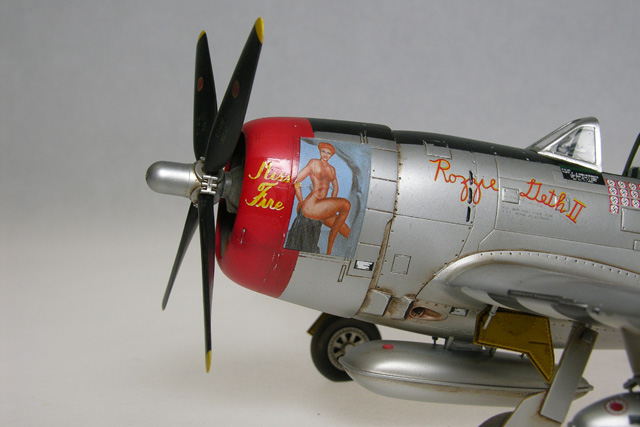 P-47D Bubble Top (Academy 1/48)
Finished as Capt. Fred Christensen Jr's. "Rozzie Geth II, Miss Fire".
