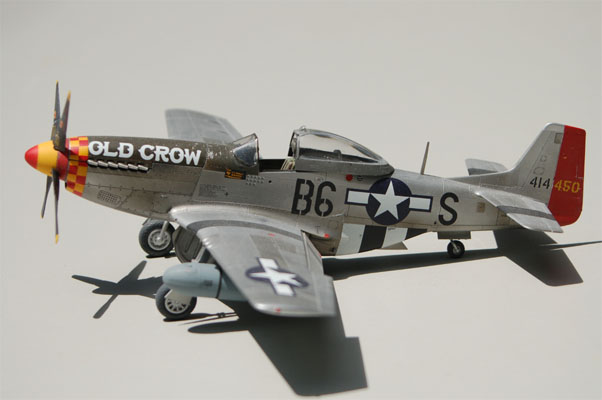 P-51D-10-NA, Old Crow
P-51D-10-NA was assigned to Capt. Clarence "Bud" Anderson, 362nd Fighter Squadron, 357 Fighter Group, in December 1944.
 
In November 1944, this aircraft was overall olive drab upper surfaces and neutral gray under side.  Anderson's off-handed remark to his ground crew to the effect that he would like to have the aircraft in natural metal resulted in the overnight removal of the paint by his crew using gasoline rags to remove all but the name and kill markings. 
