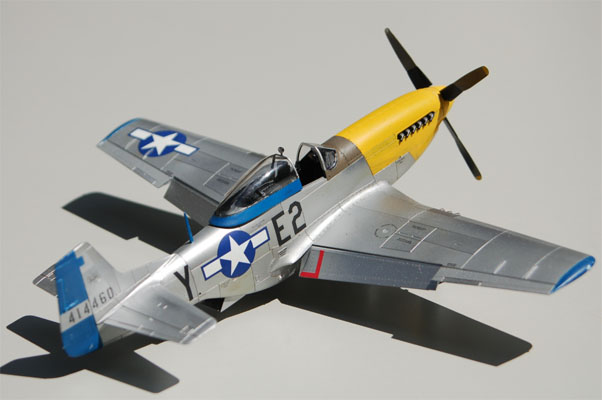 P-51D Mustang E2-Y
P51D, serial number 414460, E2-Y was assigned to pilot John W. Johnston of the 375th Fighter Squadron, 361st Fighter Group, Little Walden, England, 1945.
 
John W. Johnston is the father of Austin Scale Modelers Society member Jack Johnston.
 
The notch out of the fuselage national insignia is on both sides of the aircraft.   This aircraft also had the rearward facing radar installed on the vertical stabilizer.
 
Special thanks to Jack Johnston for excellent photo references.
