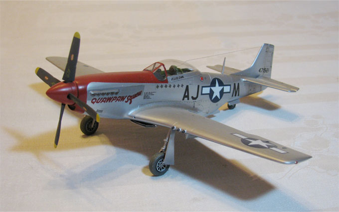 P-51D Quapaw Squaw (Monogram 1/48)
Pilot:  Lt. James E. Carl
356th fighter sqdn.  354th Fighter Grp.   9th AF
Ansbach, Germany    April 1945
This model is a duplicate of one presented to Lt. Col. Carl, USAF Ret.

