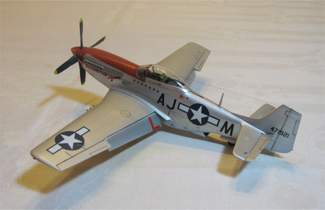 P-51D Quapaw Squaw (Monogram 1/48)
Pilot:  Lt. James E. Carl
356th fighter sqdn.  354th Fighter Grp.   9th AF
Ansbach, Germany    April 1945
This model is a duplicate of one presented to Lt. Col. Carl, USAF Ret.


