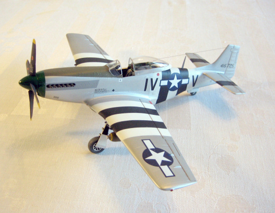 P-51D piloted by then Lt. Virgal "Sandy" Sansing, 359th FG, 8th AF, East Wretham, England. (1/48 Monogram)
The model is configured with bombs as it was for the second sortie of the day June 6, 1944.  Col. Sansing was guest speaker at the June 1994 meeting of the ASMS on the 50th anniversary of D-Day.   He now resides in New Braunfels, TX and has been the pilot of the Commemorative Air Force Cen-Tex Wing's P-39 for many years. Ret. Col. Sansing passed away June 30, 2014.
