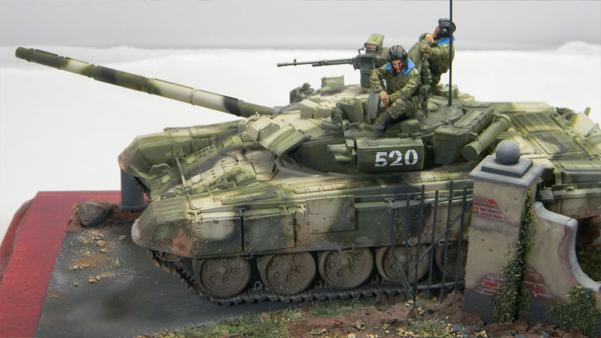 T-90 (Zvezda 1/35)
Added a set of Trumpeter individual link tracks and a couple of TANK modern Russian tank crew. AK interactive Russian colors used for the finish. The diorama base is made up of Italeri wall gate.
