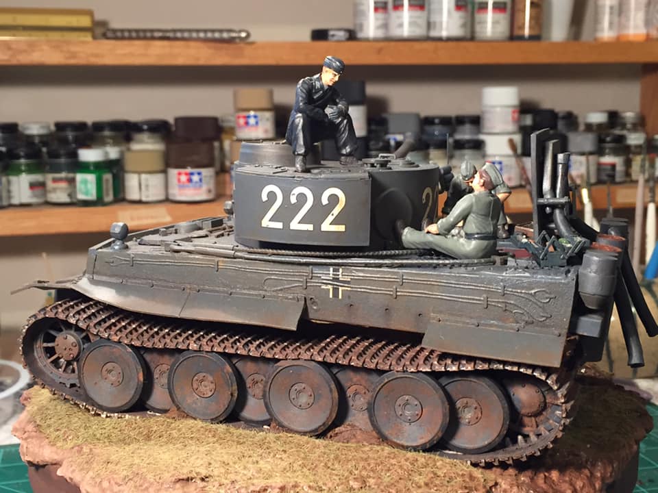 Tiger 1 (Tamiya 1/35)
Tiger 1, 503 Heavy Panzer Battalion, Russia, Spring 1943

This was my refurbish of a Tiger that had been sitting on my shelf since I built it in high school. It was actually my first 1/35 armor kit. Added the engine and figures from the Tamiya Engine Crew Set. Scratch built the exhaust covers and added a few other small details along with lots of mud. The crewman is from yet another Tamiya set. New paint, new decals, the works. Cleaned up pretty good for a model I competed 30 years ago.

