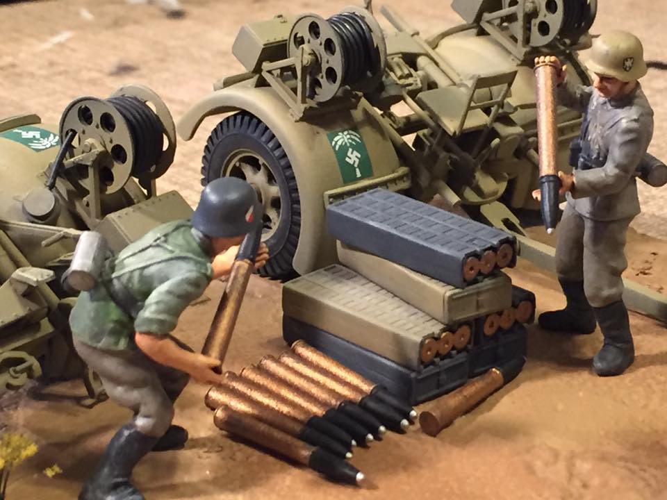 88mm Flak36 (Tamiya 1/35)
15th Panzer Division, Halfaya Pass, Libya, June 15, 1941.

I built this model as the Flak36 variant and it represents German defenses during Operation Battleaxe, which was the second British attempt to retake the Halfaya Pass and relieve Tobruk. Concealed 88mm guns like this one decimated the advancing British tanks, earning it the nickname “Hellfire Pass”.
