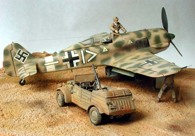 Monogram's Fw-190 and Bandai's Kubelwagen, both in 1/48 with modified Monogram figures
