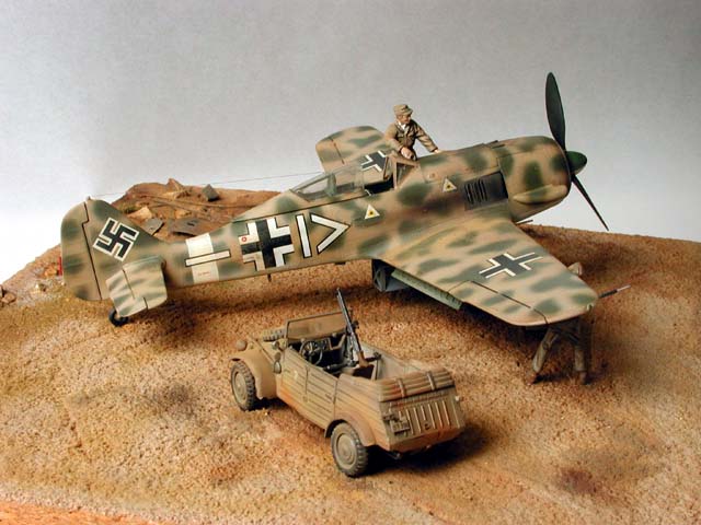 Monogram's Fw-190 and Bandai's Kubelwagen, both in 1/48 with modified Monogram figures
