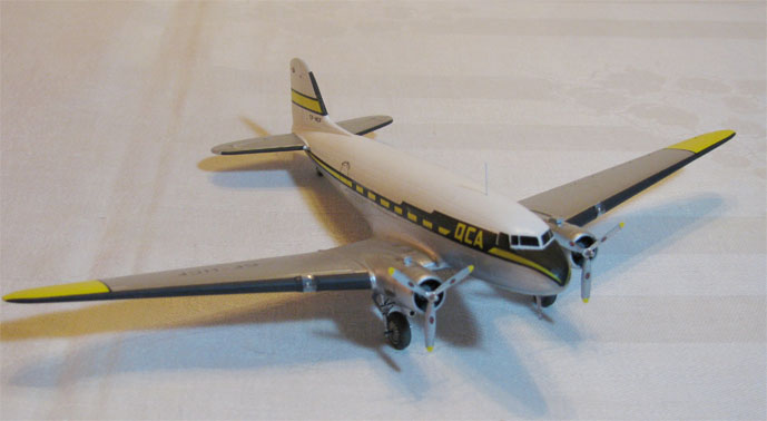 DC-3 (1/144 Minicraft)
This DC-3 is the 1/144 Minicraft kit finished in Whiskey Jack decals for Queen Charlotte Airlines in 1952.
