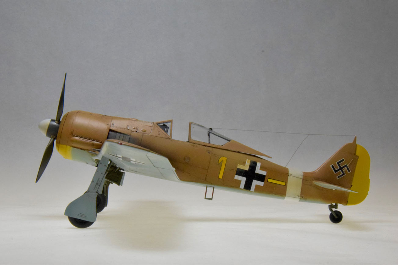 Fw-190A-4 (Eduard 1/48)
My Eduard Fw-190A4 just completed from an Overtree kit (No PE, no instructions, no decals; only plastic parts in a box.) Scrounged up the markings from friends and my scrap collection. Model represents an aircraft repainted to serve in Tunisia during the North African campaign by Lt. Erich Rudorfer of 6./JG2. 
