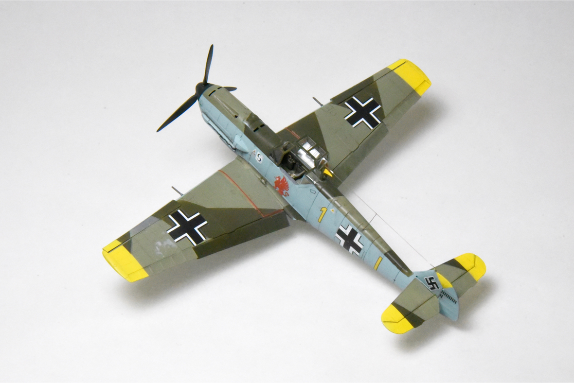 Me 109E-4 (Special Hobby 1/72)
Very good kit, complete with engine et al. Markings are from an aircraft in the Battle of Britain, August, 1940. Pilot was Oblt. Gerhard Schopfel, JG 26, stationed in France.
