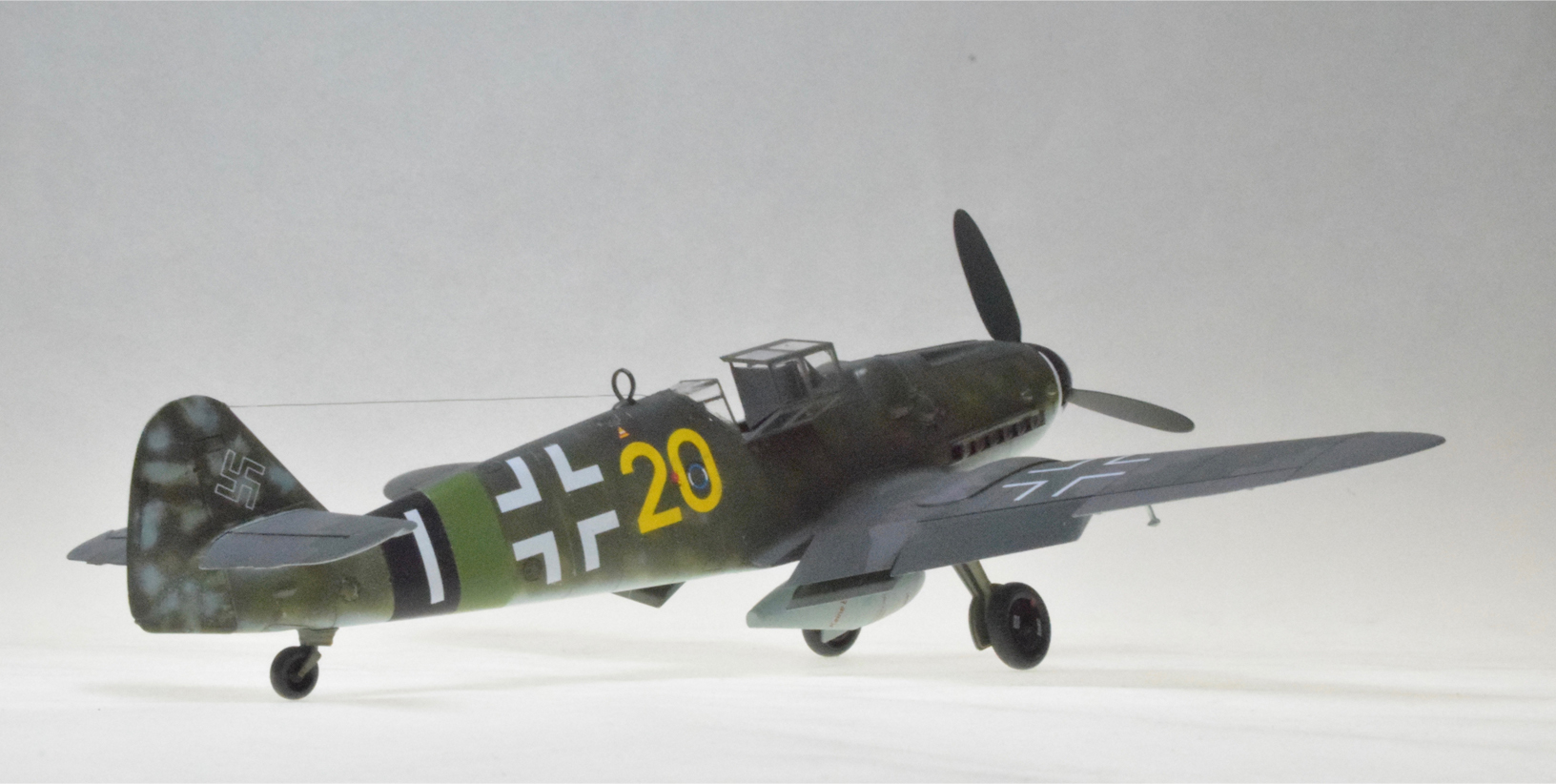 Me 109G-6, Modified (Eduard/Overtree 1/48)
This one took over three years to finally put away. Overtree kits are plastic only; no instruction, no decals, no PE. Just plastic.

This is an Me 109G-6, modified. Near the end of the war, Germany was hard pressed to build new aircraft. In this case a newer wing from one manufacturer was fitted to the older standard Me1-9G-6. The pilot defected, landing his airplane at a Canadian held airfield in Germany where it was carefully documented. 
