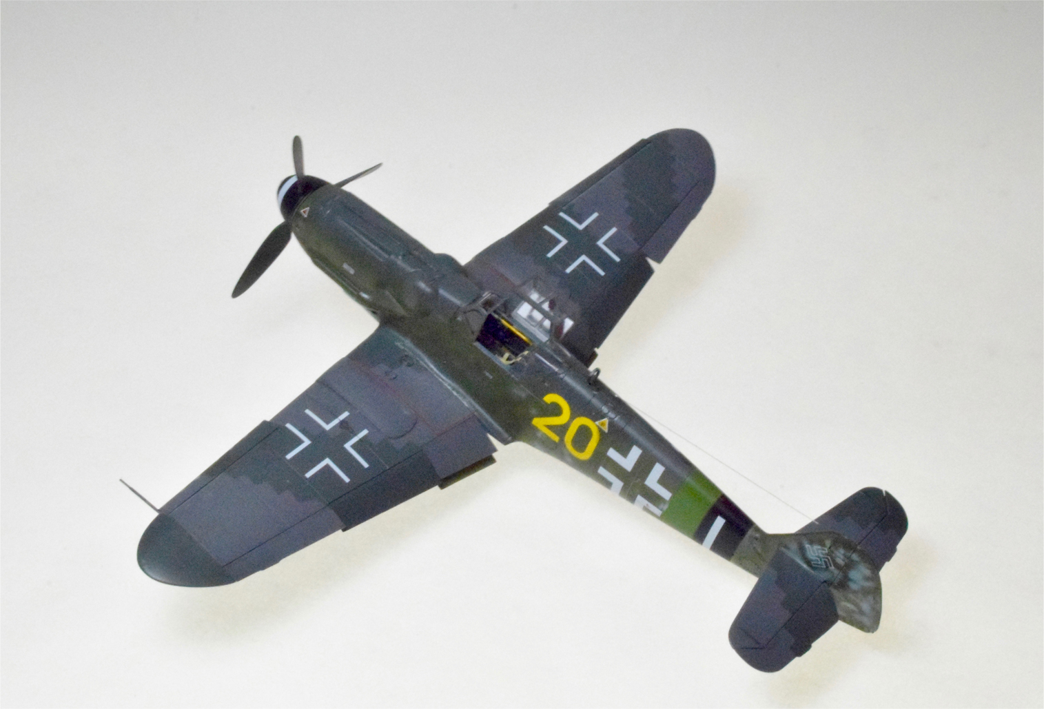 Me 109G-6, Modified (Eduard/Overtree 1/48)
This one took over three years to finally put away. Overtree kits are plastic only; no instruction, no decals, no PE. Just plastic.

This is an Me 109G-6, modified. Near the end of the war, Germany was hard pressed to build new aircraft. In this case a newer wing from one manufacturer was fitted to the older standard Me1-9G-6. The pilot defected, landing his airplane at a Canadian held airfield in Germany where it was carefully documented. 
