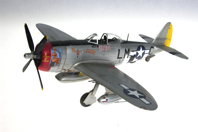 P-47D Bubble Top (Academy 1/48)
Finished as Capt. Fred Christensen Jr's. "Rozzie Geth II, Miss Fire".
